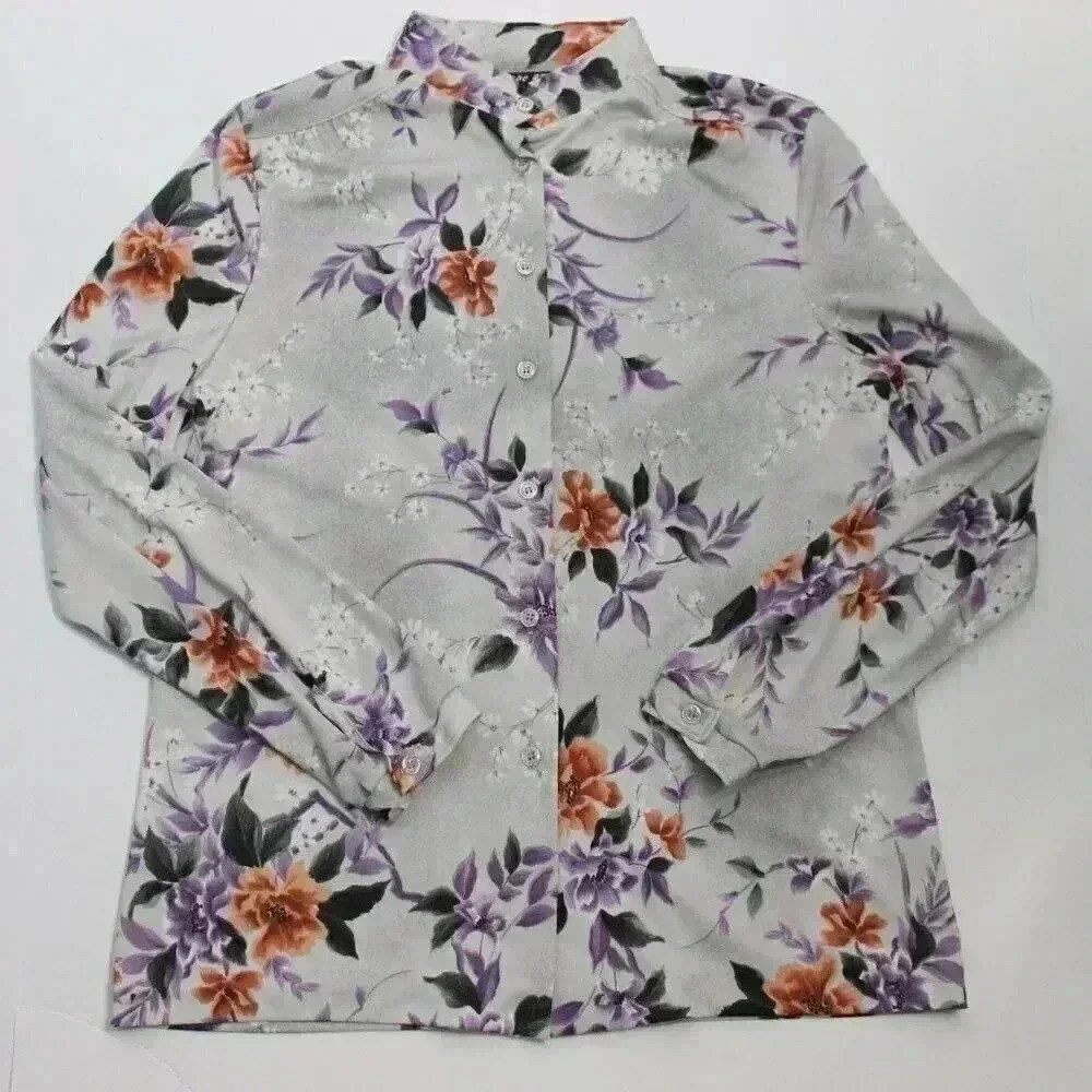 Vintage 60s 70s Small Multicolor Floral Mock Neck Button Up Blouse Union Made